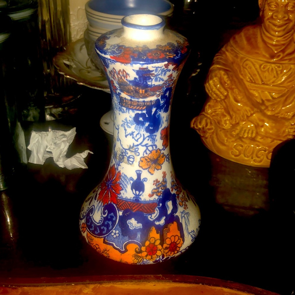 RARE VINTAGE RIDGWAY SETSU ORIENTAL COBALT BLUE & RUST CONICAL SAKI FLAGON